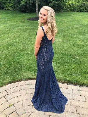 Jovani navy fitted lace prom gown